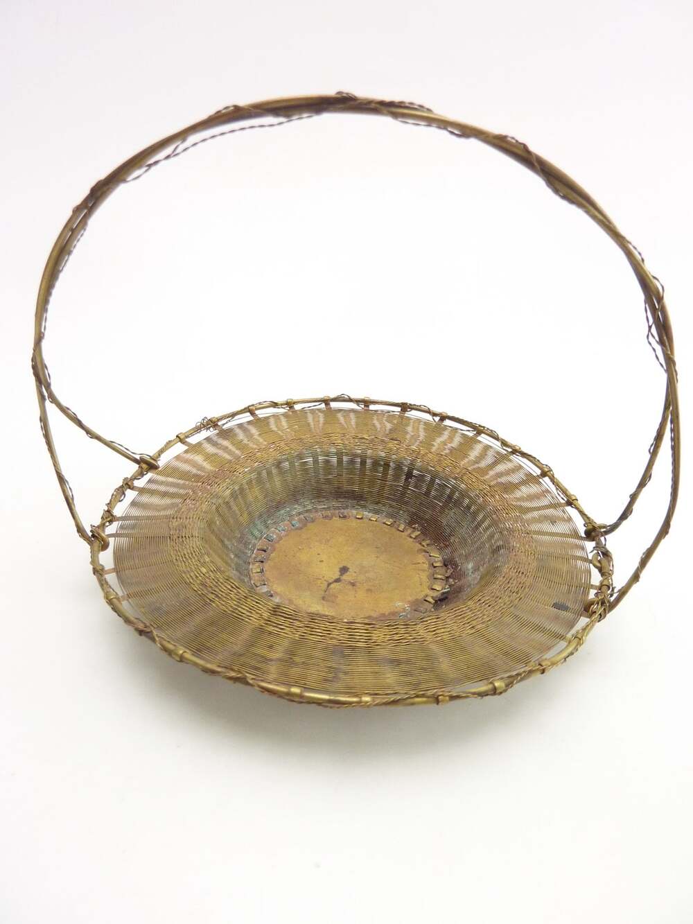 Vintage Brass Weave Basket Small Trinket Dish Handled Container